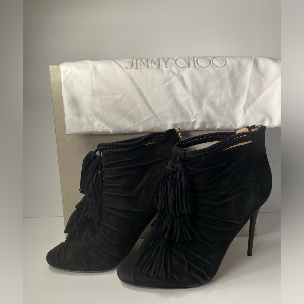 Jimmy Choo Myra suede fringe ankle boots heels black 36